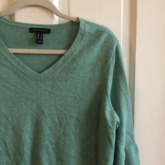 H By Halston V Neck 3/4 Bell Sleeve Blue Light Knit Sweater Top Large - Picture 5 of 9